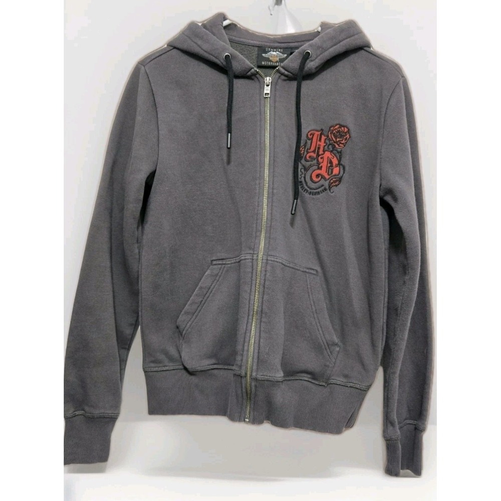 Harley Davidson Hoodie Sweatshirt Womens Medium Roses Zip Front Gray Long Sleeve